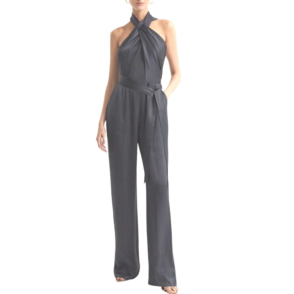 Reiss Jumpsuit Jules Satin Halter Midnight Navy Blue One Shoulder Size 6 NEW